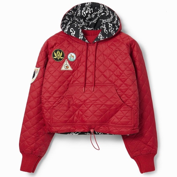 Desigual Jackets & Blazers - Desigual Women's Red Cropped Quilted Padded Hooded Jacket Size Small